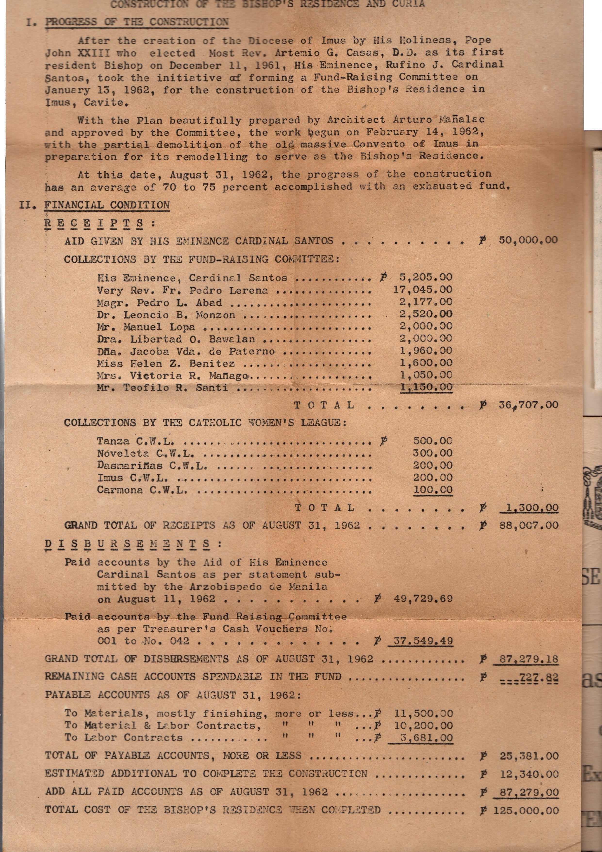 Report on the Construction of the Bishop Residence